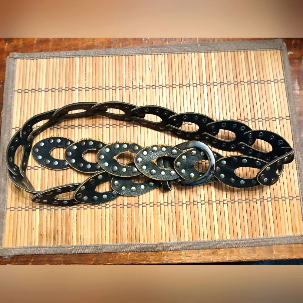 Vintage Boho Black Leather Studded Chain Belt - Picture 1 of 2